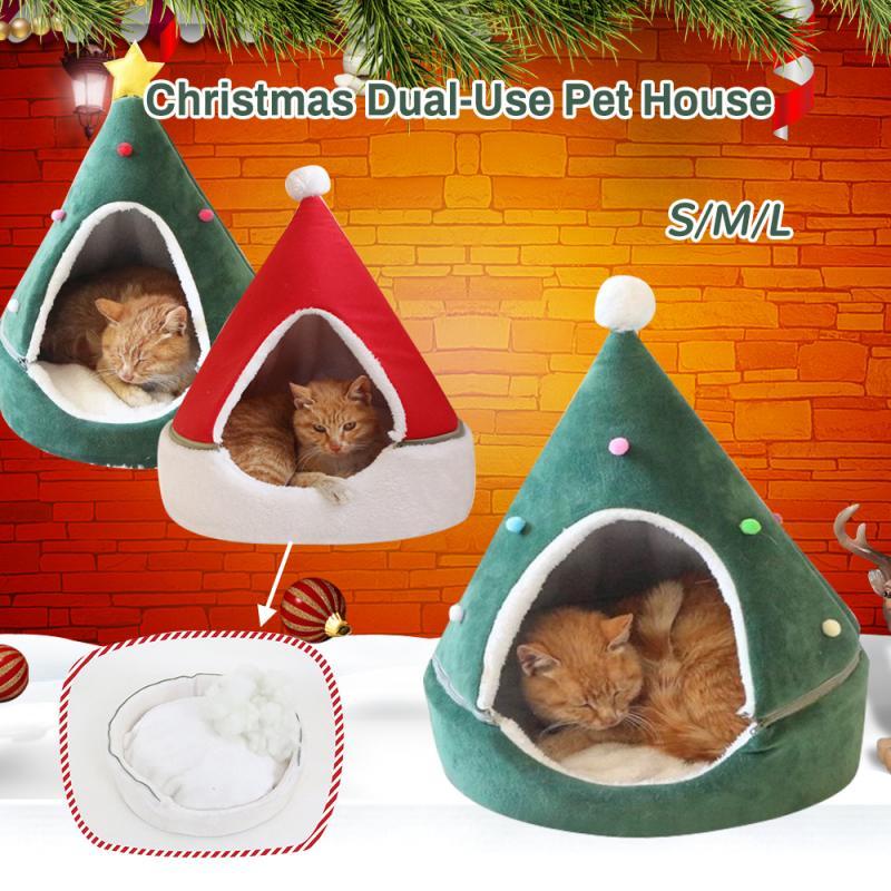 

Christmas Tree Shape Pet Cat House Warm Sleeping Dog Bed Cat Soft Winter Nest Washable Pet Houses Portable Supplies, Blue
