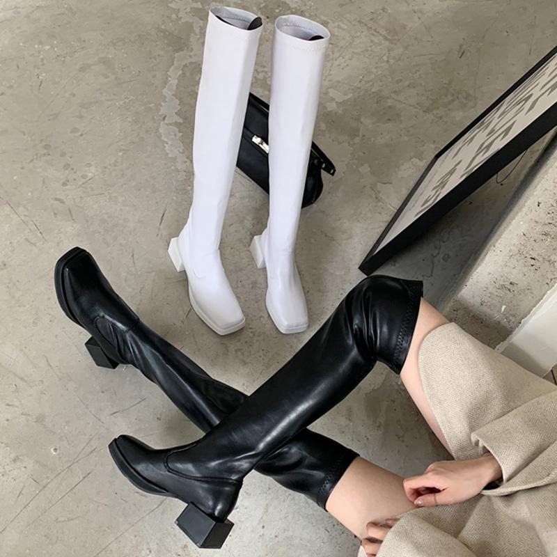 

2020 Winter INS Women Over The Knee Boots Lady White Block Heels Riding Cowboy Crotch High Tall Boots Square Toe Long Shoe, Black