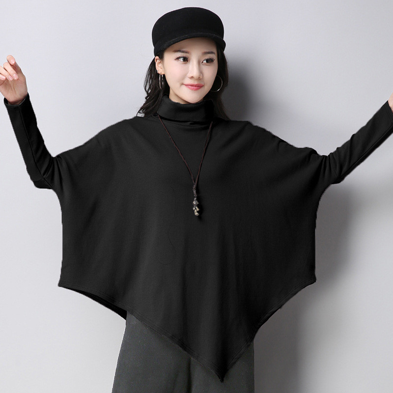 

2021 New High-fashion Turtleneck Female t From Women Winter Thickening Asymmetrical Batwing Tops Casual T-shirts Wxf692 Aequ, Black