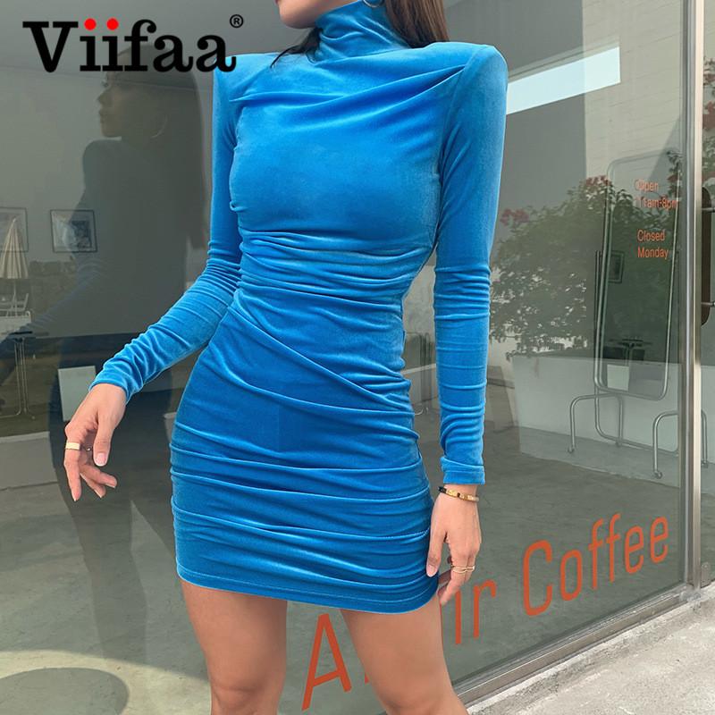 

Viifaa High Neck Blue Velvet Elegant Party Ruched Mini Dresses with Shoulder Pad 2020 Winter Women Long Sleeve Bodycon Dress, Black