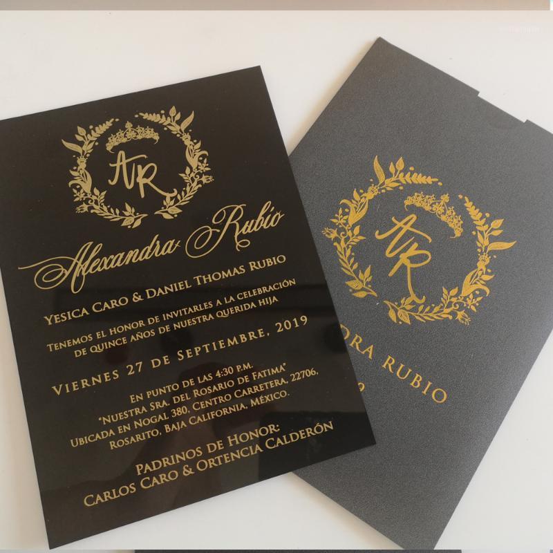 

2020 free design custom gold foil black acrylic card with pocket envelope1
