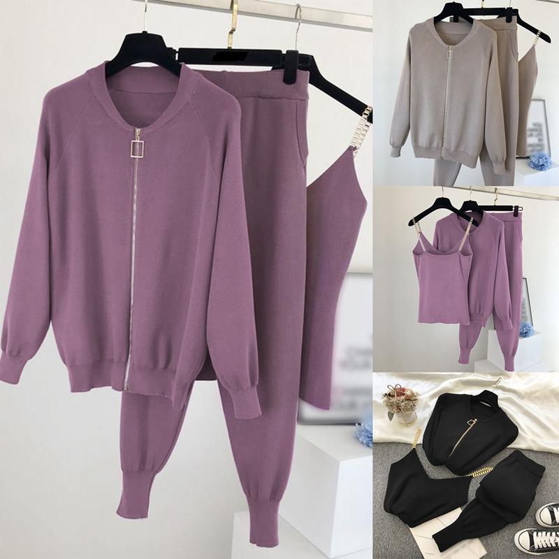 

Women Autumn Winter Knitted Vest Zipper Cardigans Pants 3Pcs Sets Tracksuits Outfits, Khaki