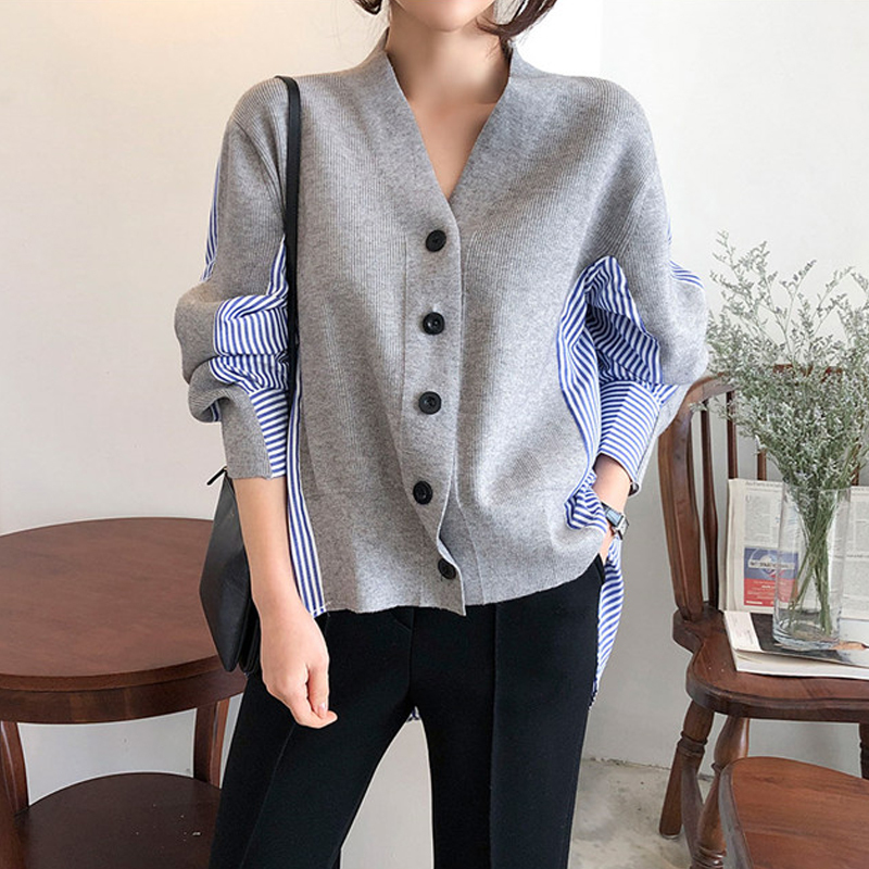 

Nova manga longa 2020 inverno outono camisa costura de malha feminino com decote em v casual camisola jaqueta feminina cardigan, Blue of darkness