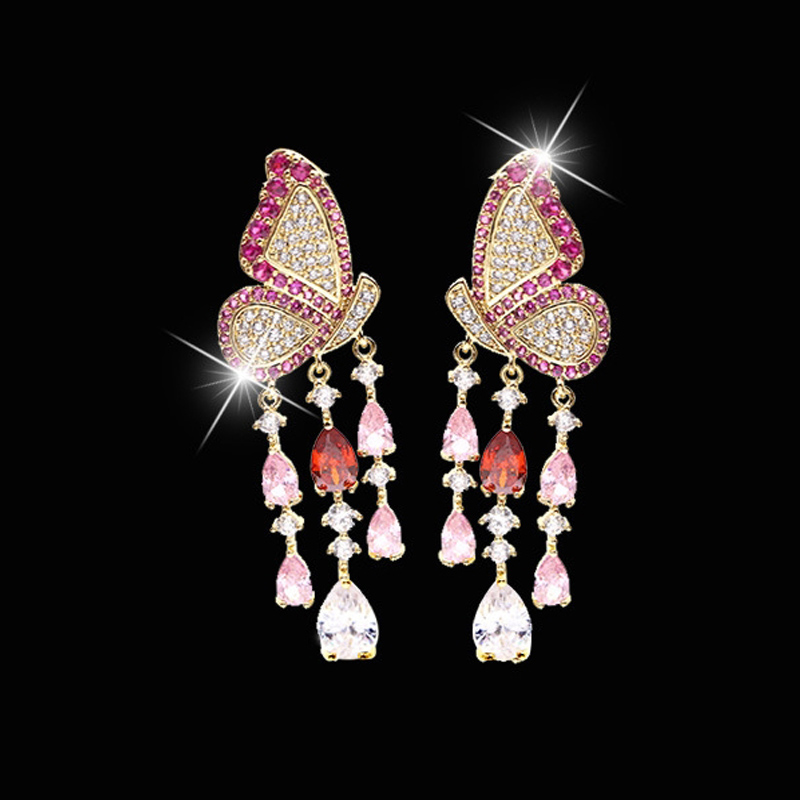 

New Full Diamond Butterfly Tassel Earrings High Quality Color Zircon Personality Fashion 925 Silver Needle Earrings Color Butterfly Earrings