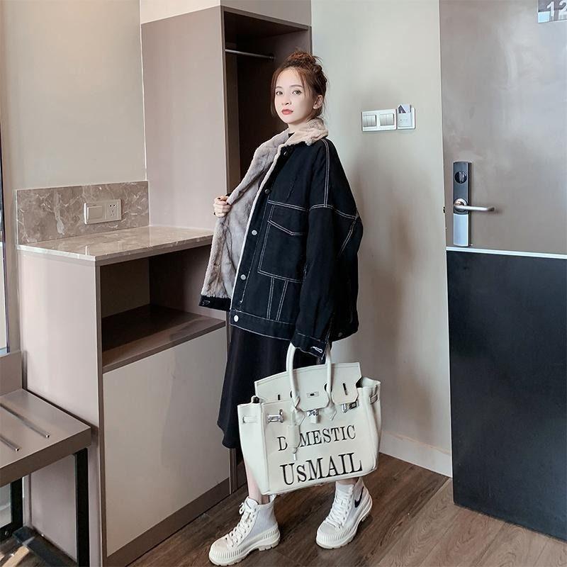 

Autumn and winter korean denim jacket women 2020 new fashion versatile loose plus velvet thickened lamb cashmere, Black