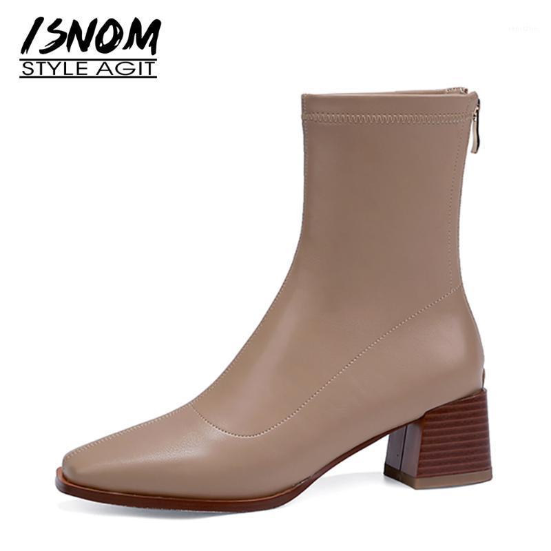 

ISNOM Stretch Ankle Boots New Square Toe Ladies Booties Slim Ankle Hoof Med Heels Shoes Woman Skid Proof Fashion Boot1, Black