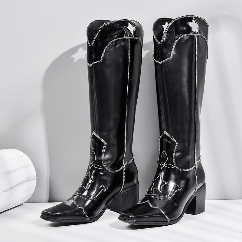 

Western Cowboy womans Boots for Women Pointy Toe Cowgirl Boots Square Heels Knee High Retro Women Shoes black boot1