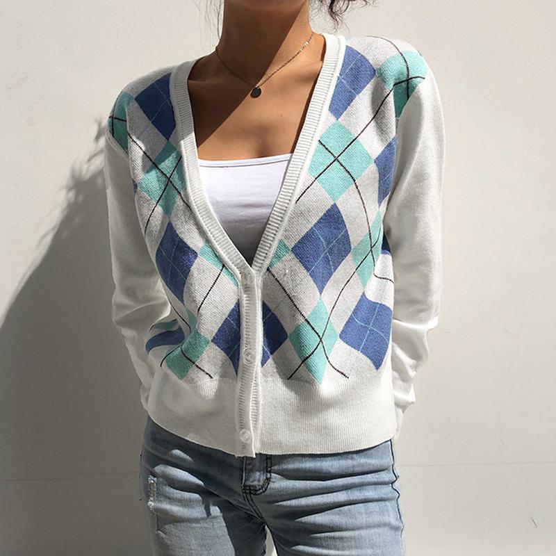 

Women Plaid Print Sweater Knitted Cardigan V-neck Sweater Long Sleeve Top Wild
