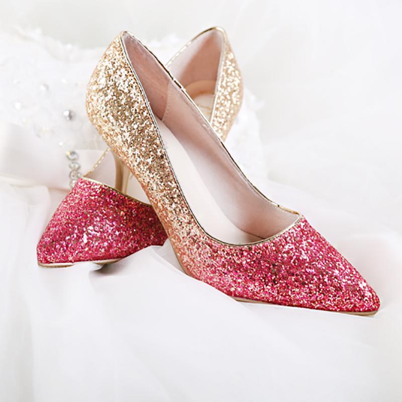 

7cm High Heels Wedding Shoes Summer Women Pumps Glitter Pink Gold Gradient Bridal Stiletto Shoes Party Ladies Footwear, White 7cm heel
