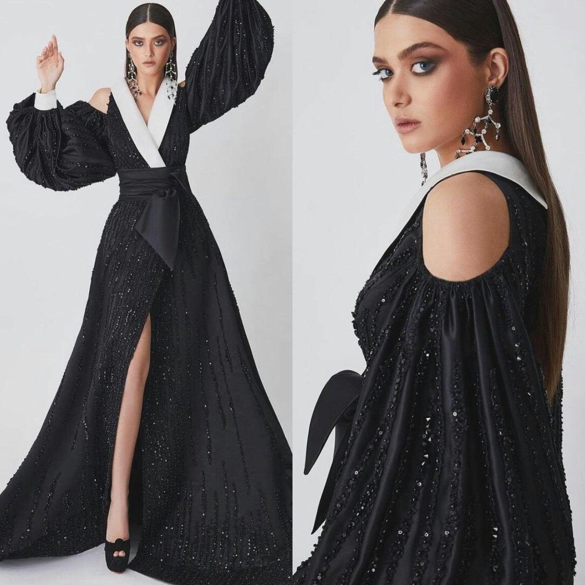 

Black And White Evening Gowns Front Slit V Neck Sweep Train A Line Long Sleeve Prom Dresses Ruffles Vestidos Formal Robe De Soirée
