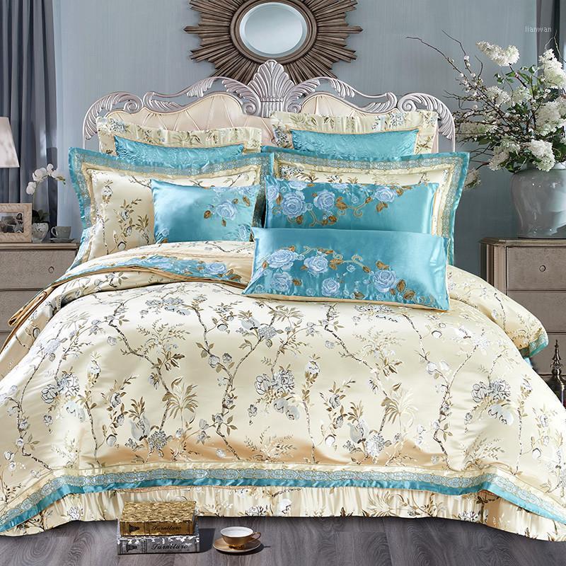 

Queen King Bedding set Embroidery Satin Cotton Bed cover Wedding Bedspread sheet set Duvet cover juego de cama literie1, Green