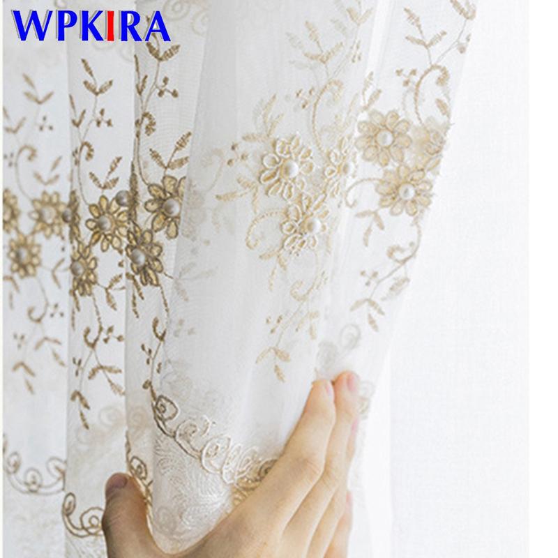 

Korean Style Tulle Curtain With Pearl Embroidered Lace Tulle White Sheer Voile Curtain For Living room Bedroom Window Rideaux &3