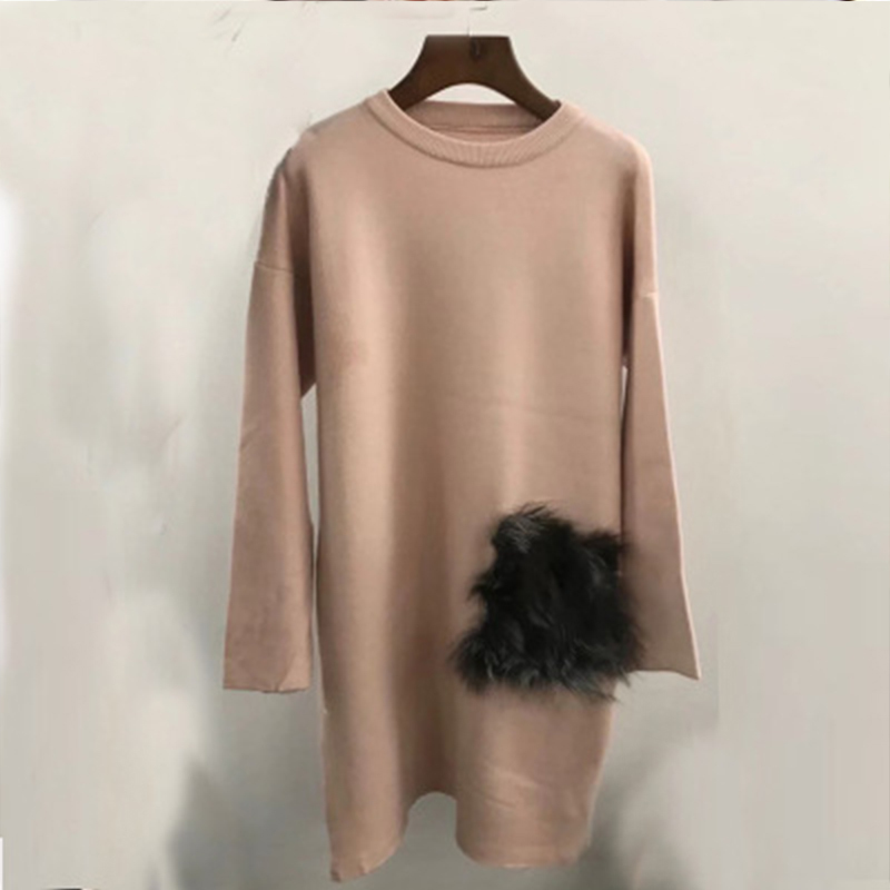 

New 2020 Autumn Female Design Long Knitted Sweater Turtleneck with Real Rabbit Skin Women's Pocket Wear Bxl9, Black