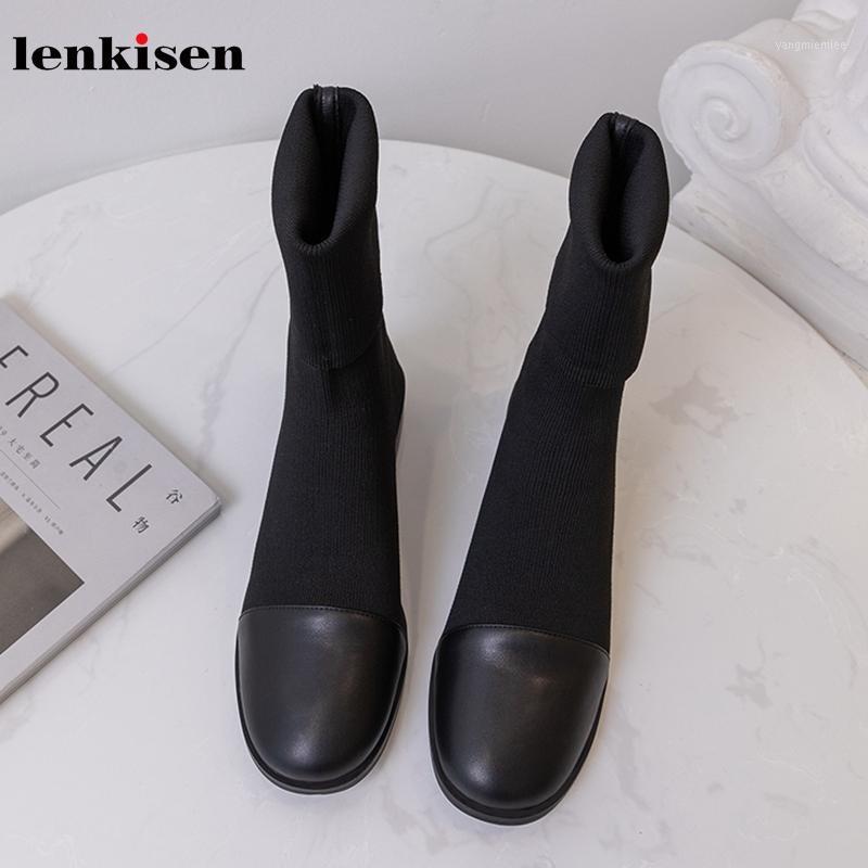 

Lenkisen new knitting breathable stretch sock boots round toe low heels black colors winter keep warm women mid-calf boots L361, Black1