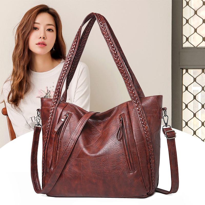 

Bolsa feminina couro macio, casual grande com carteiro e ala de mo, Light brown