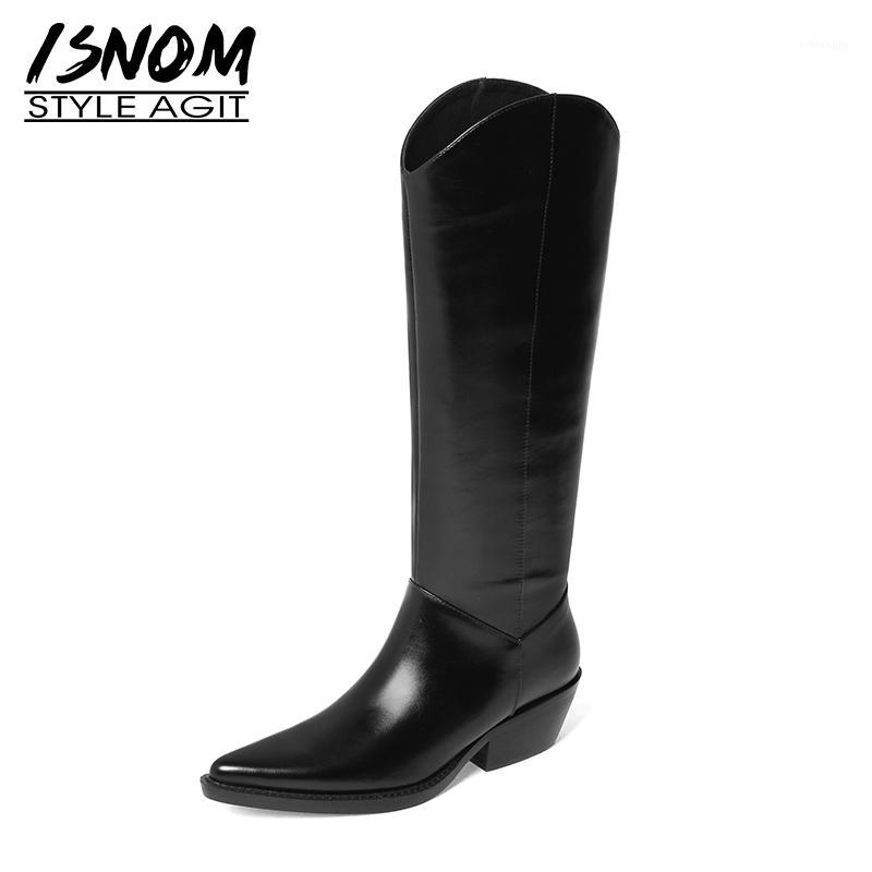 

ISNOM 2020 Knee High Boots Women Genuine Leather Western Autumn Winter Boot Chunky Heels Shoes Pointed Toe Side Zipper Boot1, Black