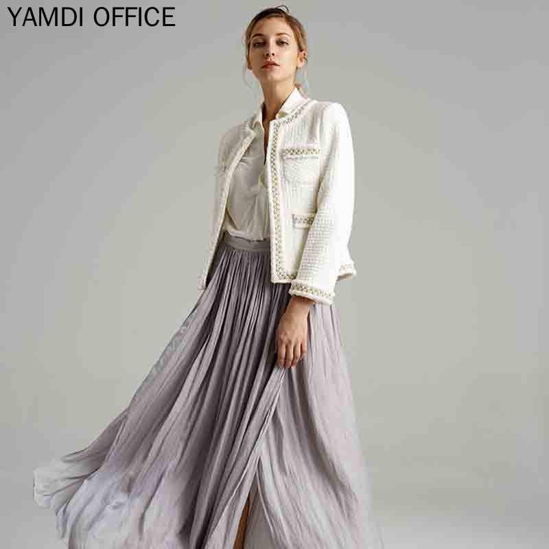 

YAMDI 2020 NEW runway coat women autumn winter solid black white jacket cotton outwear female elegant luxury beading wool blend, Beige