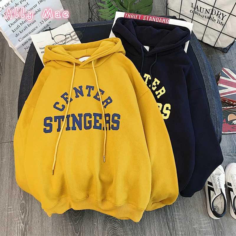 

Ally Mae High Street Knit Hooded Letter Lady Fleece Pullovers Ins Style Add Velvet Thick Sweater Women Autumn Winter Clothes1, Blue