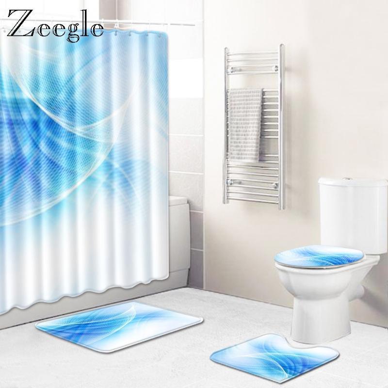 

Geometric Line Printed Bath Mat and Shower Curtain Set Absorbent Toilet Seat Cover Mat Foot Rug Microfiber Bathroom Carpet1