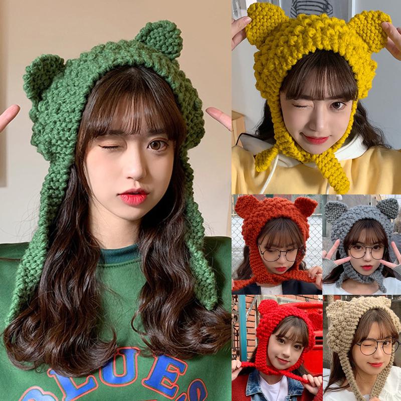 

Women's leisure knitting wool hat 2021 new autumn and winter warm retro polyester solid color dome cute versatile kitten ear hat