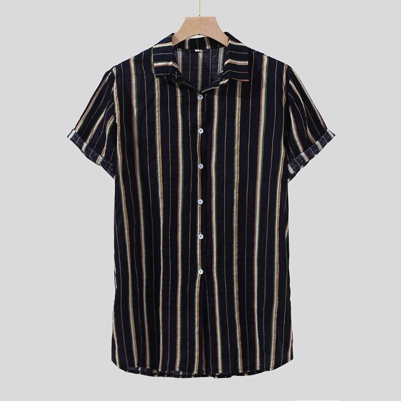 

Men Shirt Colorful Stripe Summer Short Sleeve Tops Loose Buttons Casual Beach Blouse Turn Down Collar Shirt Men chemise homme, Black