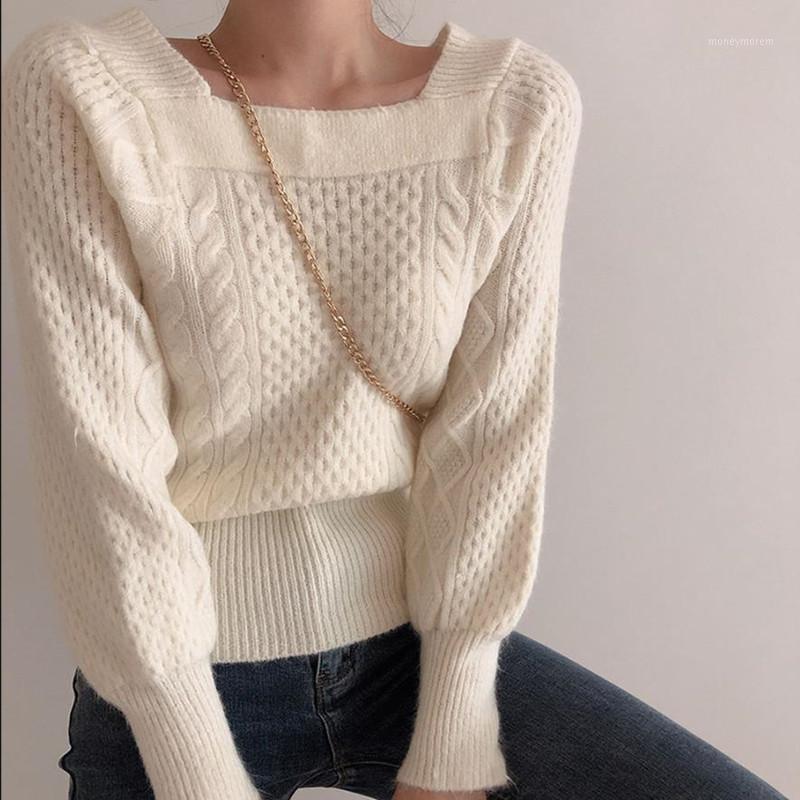 

2020 new autumn and winter fashion sweet temperament retro sweater square collar all-match casual slim sweater1, Beige