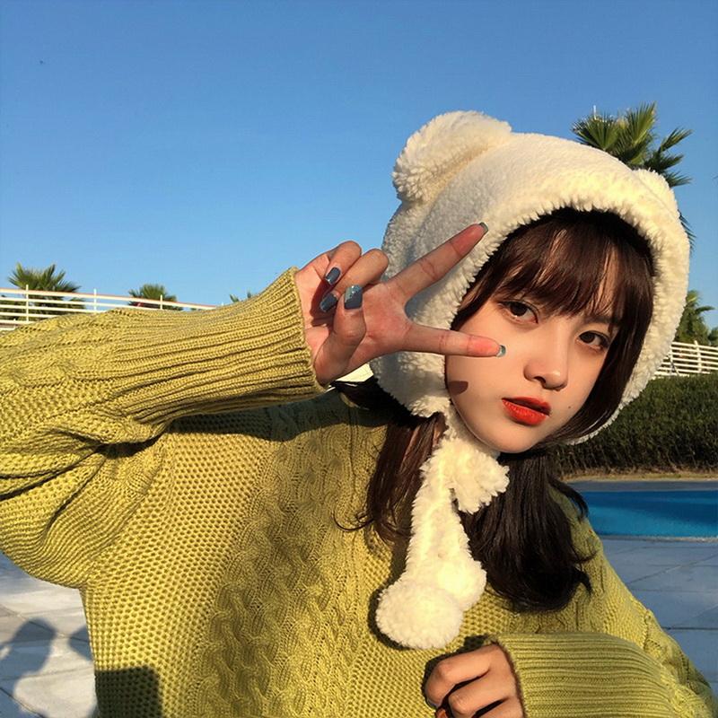 

2020 New Fashion Solid Beanies Women Winter Cute Bear Ears Warm Hat Windproof Cap Student Women Add Wool Cap Female Hat Present, E832677