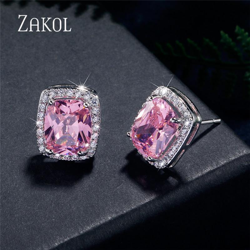 

Stud ZAKOL Temperament Exquisite Square Women Earrings Pink Cubic Zirconia Stone Big Gem Ear Studs Wholesale Jewelry