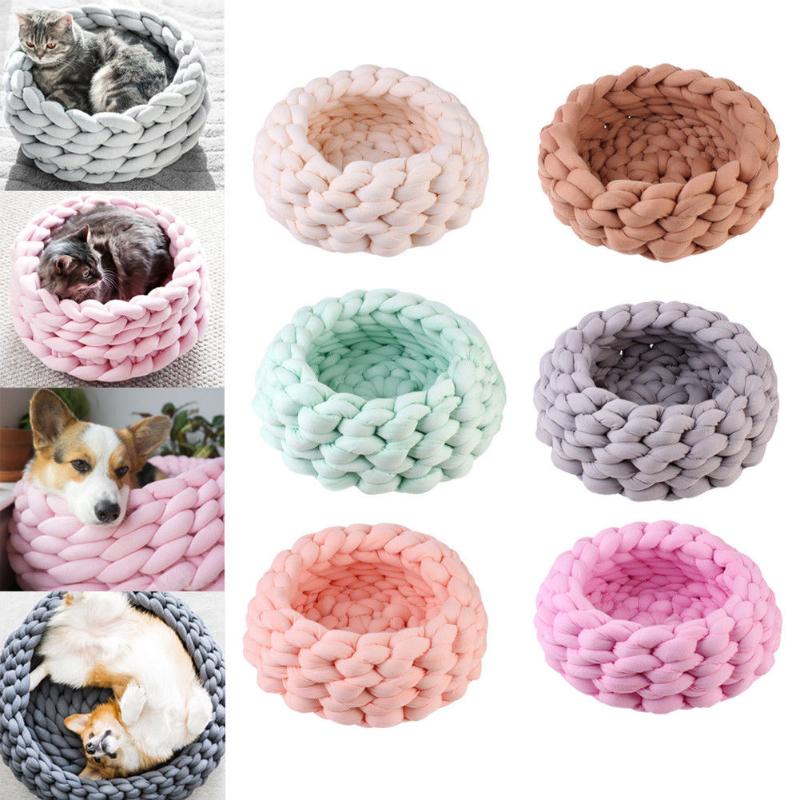 

Handmade Knit Cat Beds Mats Warm Soft Small Dogs Kennel Puppy Kitten Cave Basket Sleeping Bag Detachable DIY Pet House