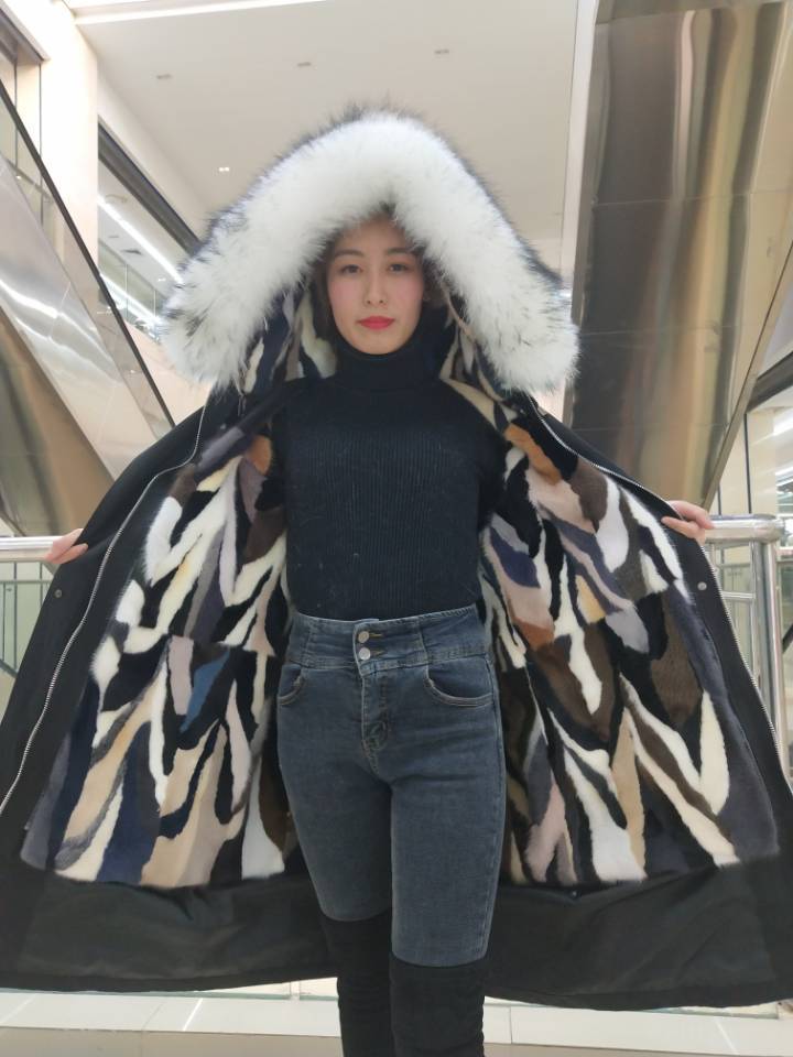 

Mink Skin New Coat, Detachable Lining and Raccoon Dog Fur Collar, Stylish From Warm Winter Women Long Coat Pnod, Khaki.