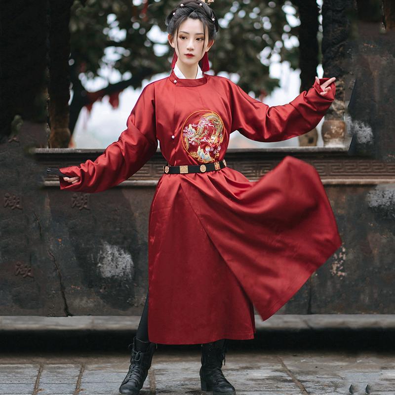

Chinese Drama Tang Dynasty Round Neck Long Robe Traditional Chinese Folk Dance Costumes Daily Hanfu Show Costume Men and Women, Red no belt