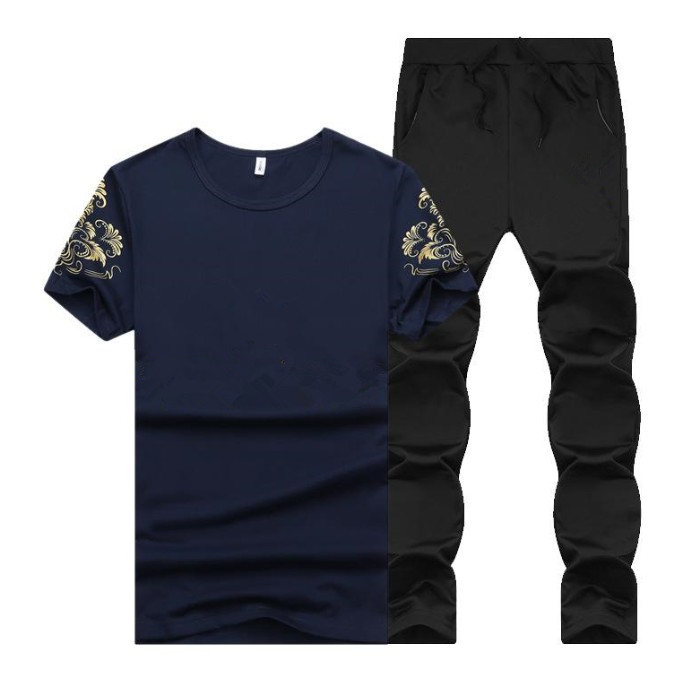 

Summer Men Sport Tracksuit Printed Slim Cool Short Sleeves T-shirt With Joggers Pants Casual Suit TS9E, Style 11