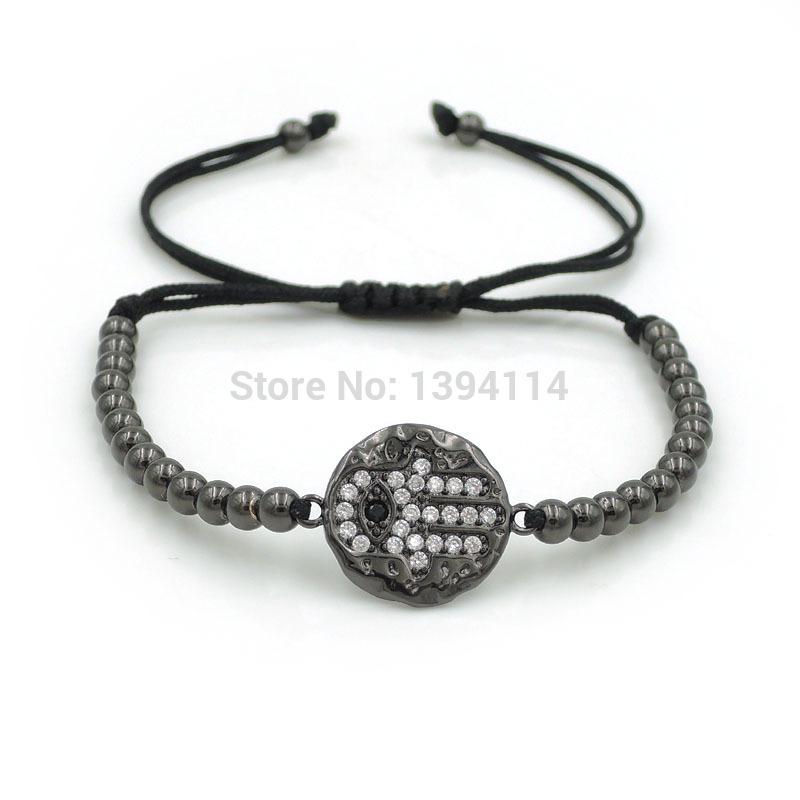 

20*15*1.5mm Micro Pave CZ Evil Eye Hamsa Hand Round Charm & 4mm Round Beads Braided Macrame Bracelet Jewelry