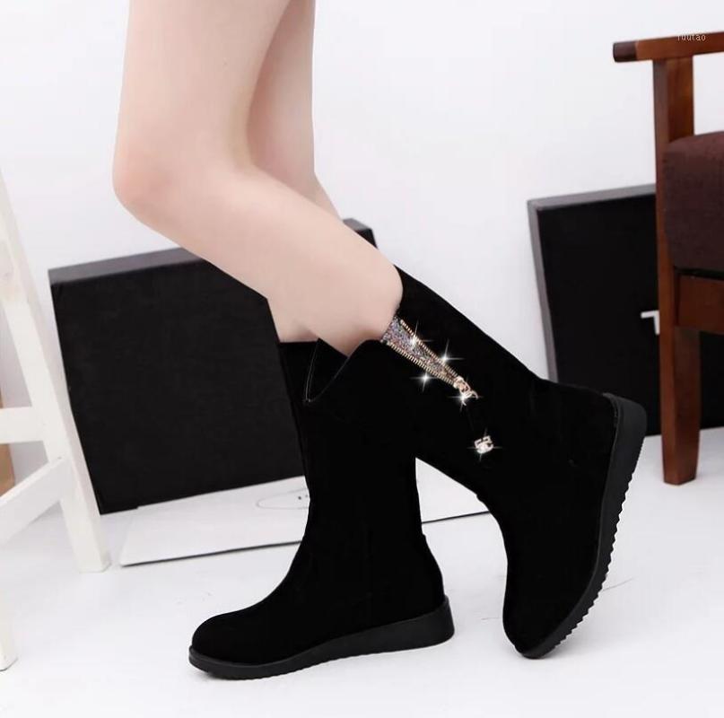 

Women's Mid-calf Suede Winter Boots Fashion Leisure Large Size Zipper Wedges Med Heels Short Bootss Keep Warm Shoes Woman Bootie1, Black