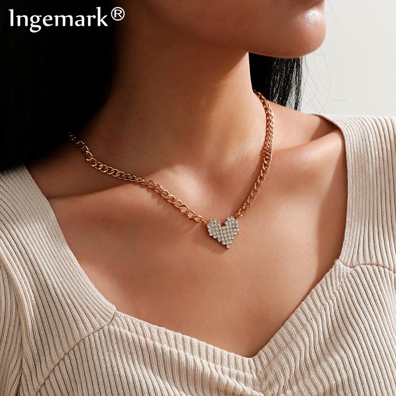 

Goth Bling Crystal Love Heart Choker Necklace Statement Gift Cute Sweet Kpop Gold Color Chain Necklace Christmas Women Jewelry