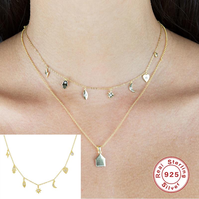 

CANNER 100% Real 925 Sterling Silver Necklace for Women Moon Stars Pendant Chains Necklaces Female Jewelry Gold Color collares