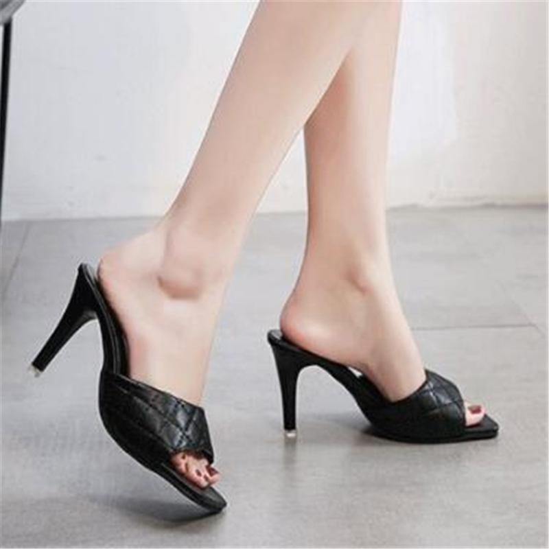 

Female Square Toe 7 CM Slippers Mules High Heels Shoes For Women Stiletto Elegant Sexy Ladies Party Sandals Big Size 35-44 Black, Brown