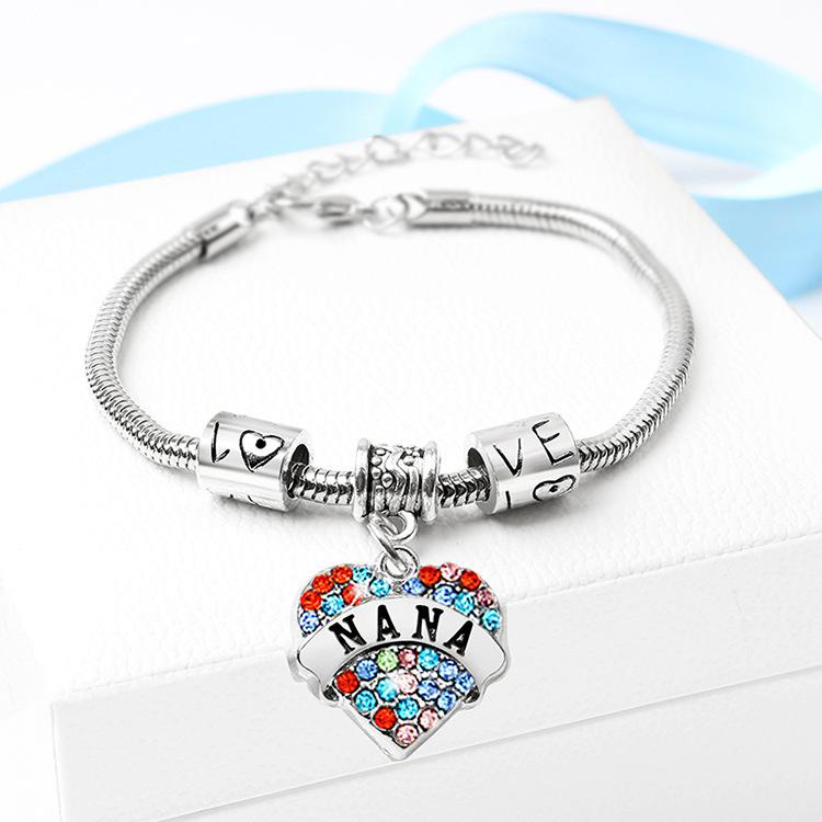 

1PCS Engraved Letters Bracelet Silver Pink Blue Rhinestone Color NANA MIMI Heart Pendant Necklace Jewelry Gifts For Friend