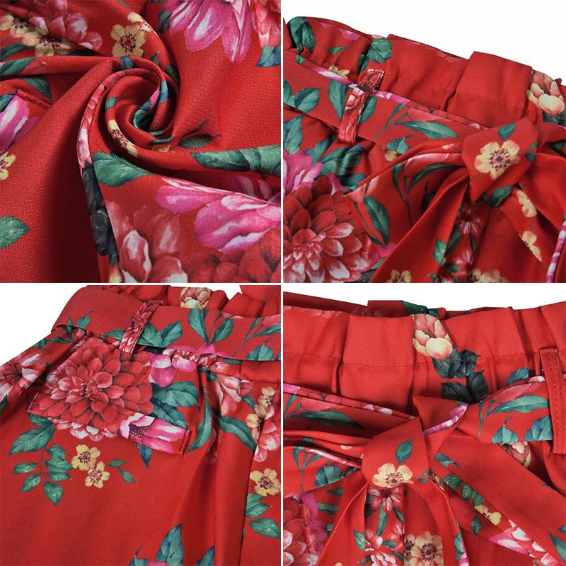 

Women Shorts Ladies Beach Summer Belt Floral Print Fashion Pockets Stylish, Red