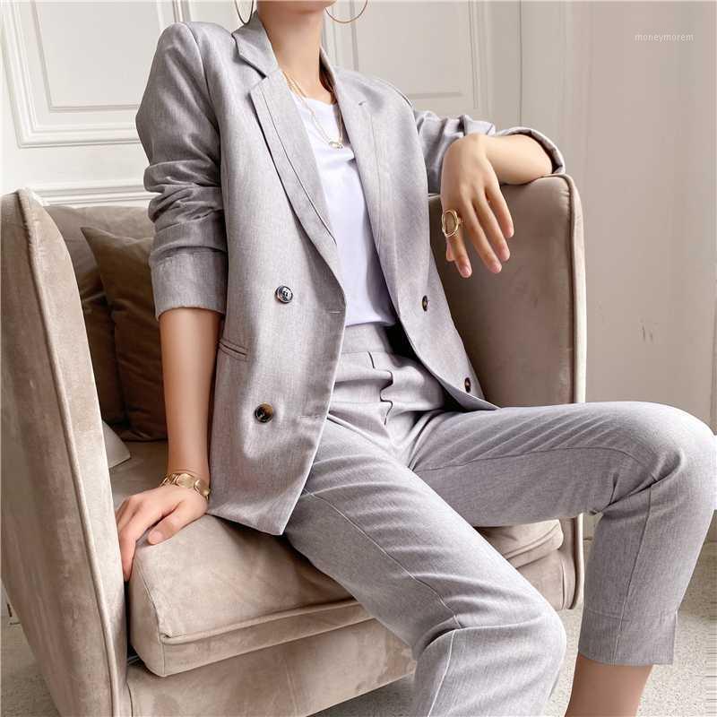 

Women Vintage Women Pant Suit Double Breasted Blazer Jacket & Pants 2020 Office Lady Wear Suits Two-piece Blazers Sets1, Gray