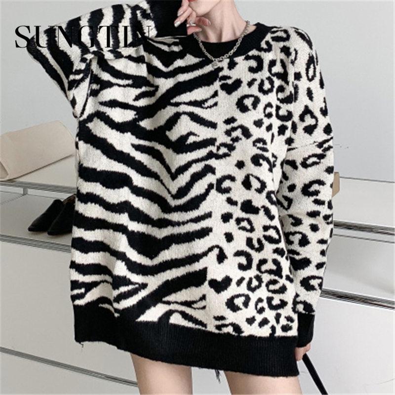 

Sungtin Zebra Leopard Patchwork Harajuku Sweater Women 2020 Winter O-neck Loose Korean Fashion Knit Pullover Autumn Hiver Cloth, Black