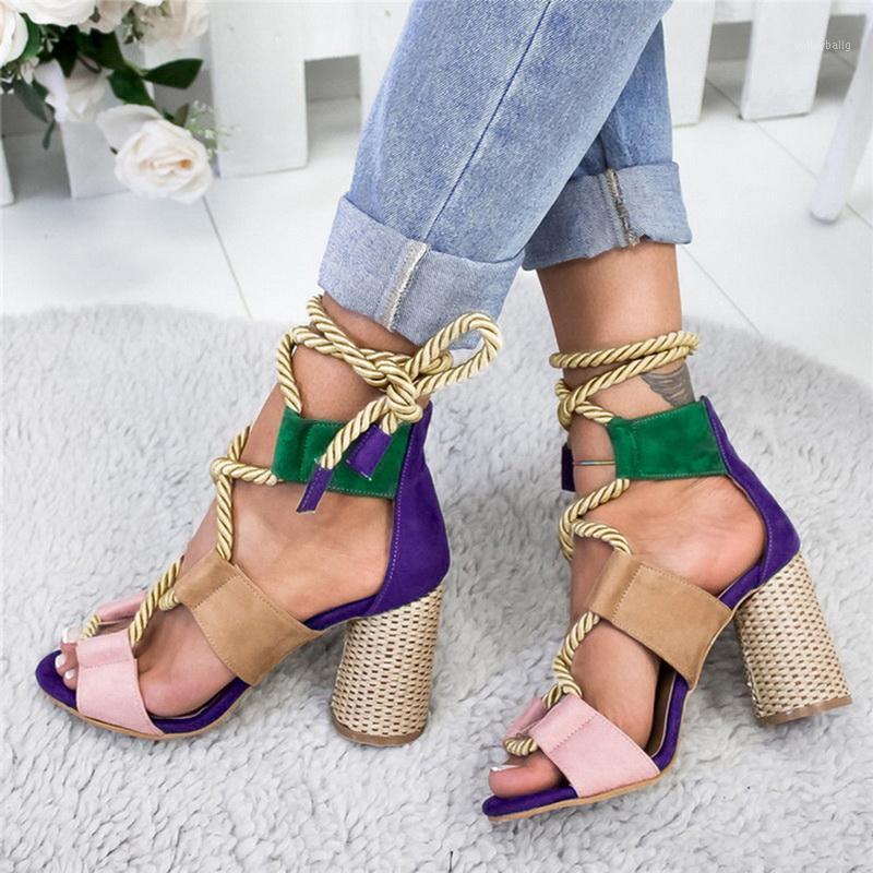 

Wedge Women Sandals Ladies Square Heel Pointed Fish Mouth Rope Lace-up Sandals Ankle Strap High Heels Shoes1, Color 1