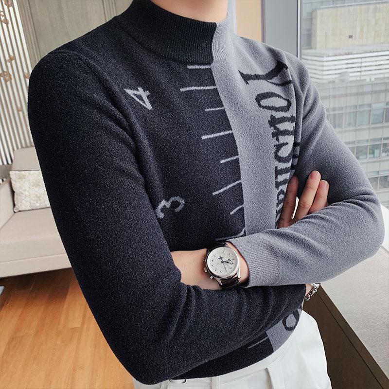 

Fall/Winter Half Turtleneck Pullover Men's Sweater Fashion Casual Slim Patchwork Contrast Color High Quality Long Sleeve Sweater, Red