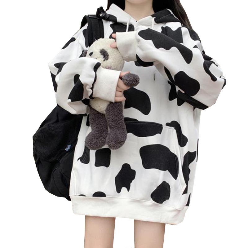 

Cow Print Women Hoodies Autumn Winter Thick Female Hoodie Tops Oversized Ladies Sweatshirt Hooded Casual Warm Woman Hoodies, Black80
