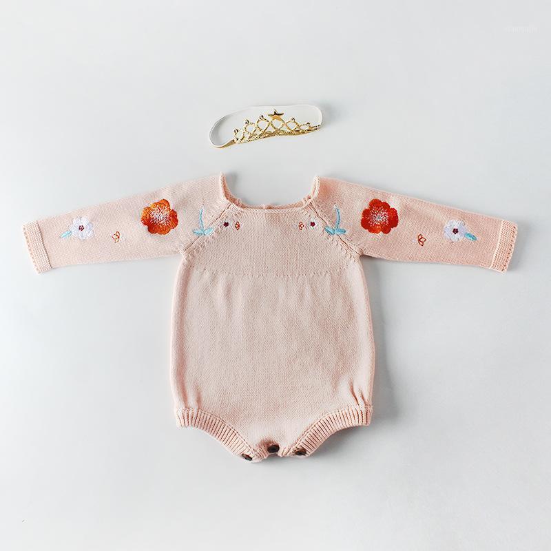 

2021 Baby Girls Knitted Romper Newborn Floral Embroidery Clothes Rompers Long Sleeve Baby Bodysuit Infant Overalls Kids Clothing1, Pink
