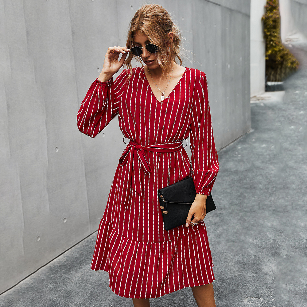 

2021 New and Model Autumn Plain Striped Dress for Women MBXL, Burgundy.