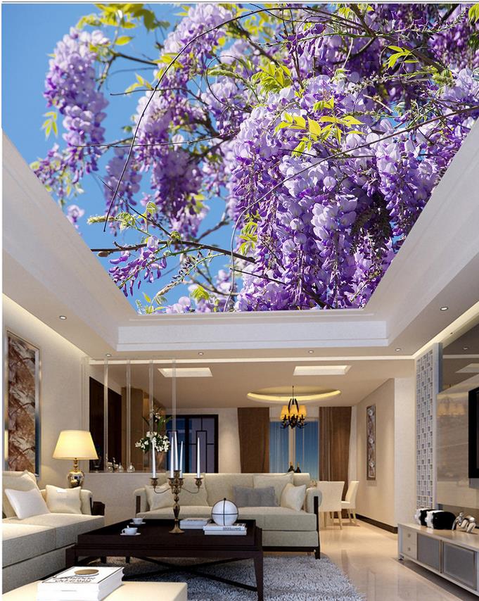 

beautiful scenery wallpapers 3d stereoscopic wallpaper flower blue sky green leaf ceiling mural, Purple