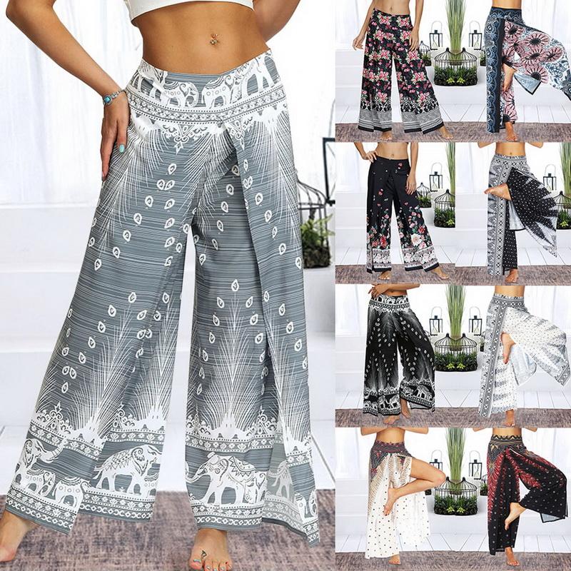 

2021 Womens Palazzo Slit Wide Leg Pants Summer Casual Beach Boho Print Pants Plus Size High Waist Gym Yoga Sweatpants