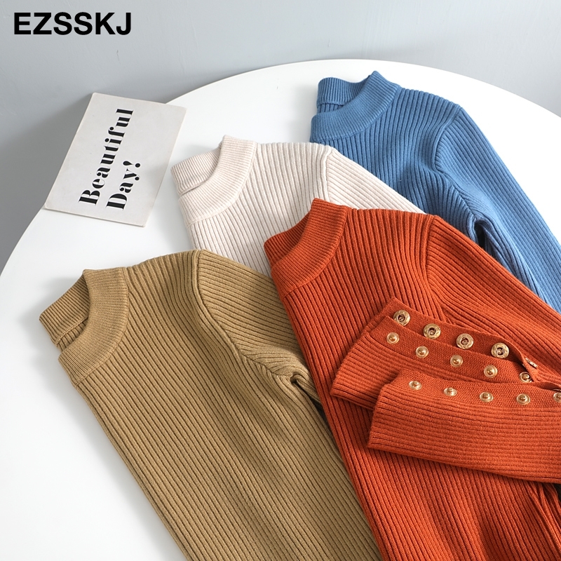

casual basic Autumn winter Women thick Sweater Pullovers button sleeve o-neck chic Sweater Female Slim knit soft jumper Pullover 201111, Caramel