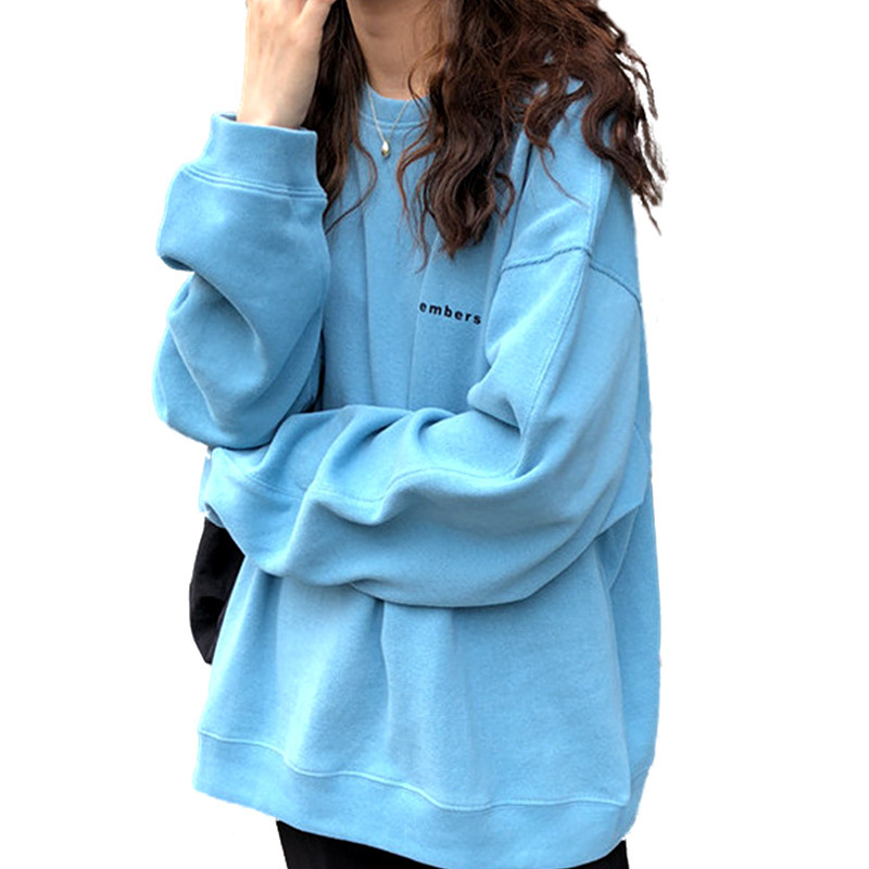 

Pescoo redondo bordado moda manga longa topo, Sky blue